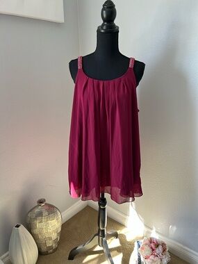 Women's Sleeveless Beaded Strap Chiffon Tank Top - Berry
